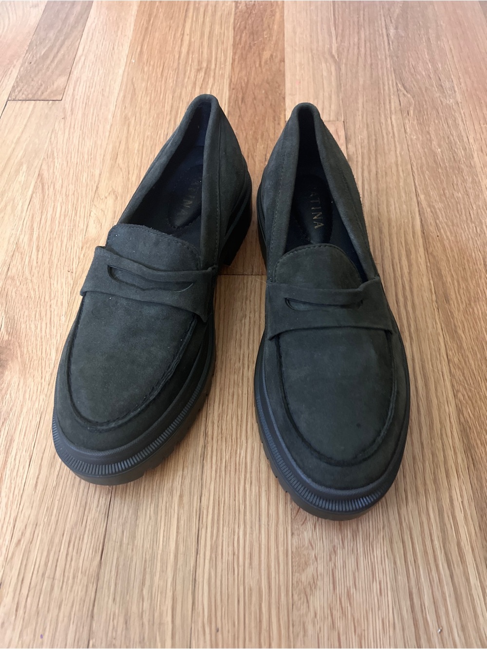 Suede Penny Loafers in Dark Olive for Women